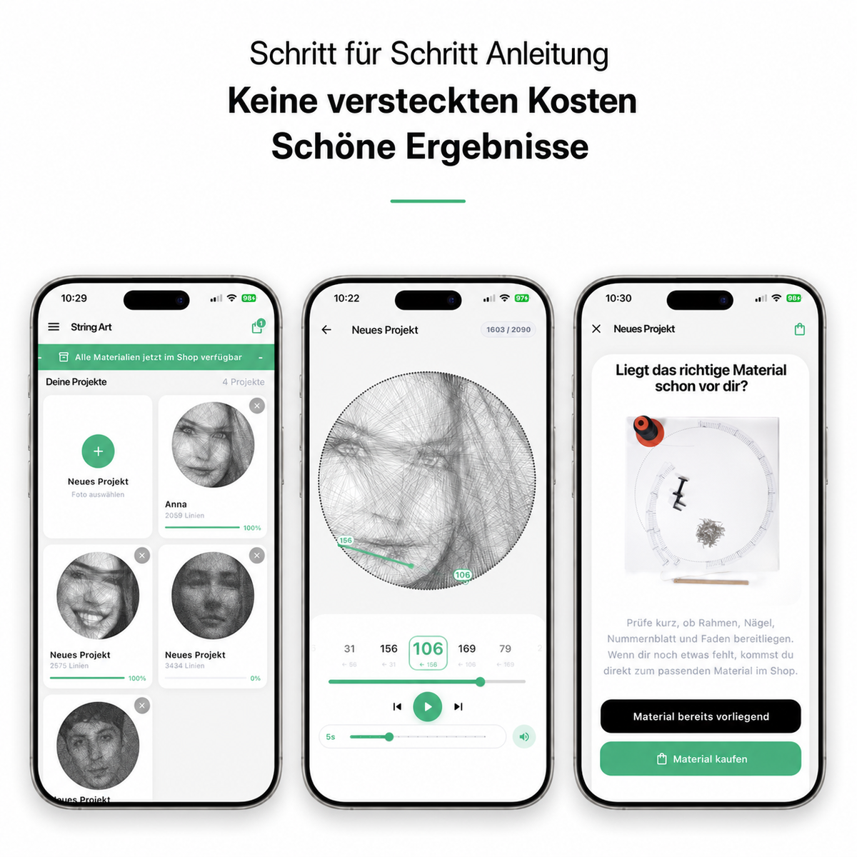 CreARTistica App mit Projektübersicht, Anleitung und Materialauswahl